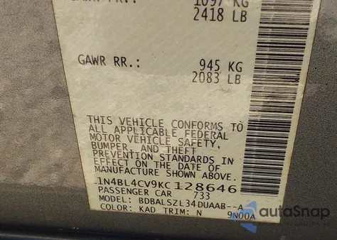 2019 Nissan Altima 2.5 Sr z USA, uszkodzony, nr VIN 1N4BL4CV9KC128646